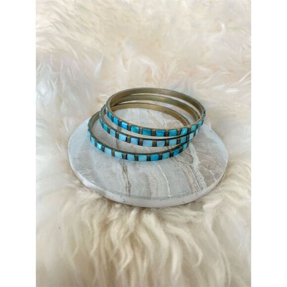 Vintage teal & Brass Stackable Bangle Bracelet Set - Picture 1 of 2
